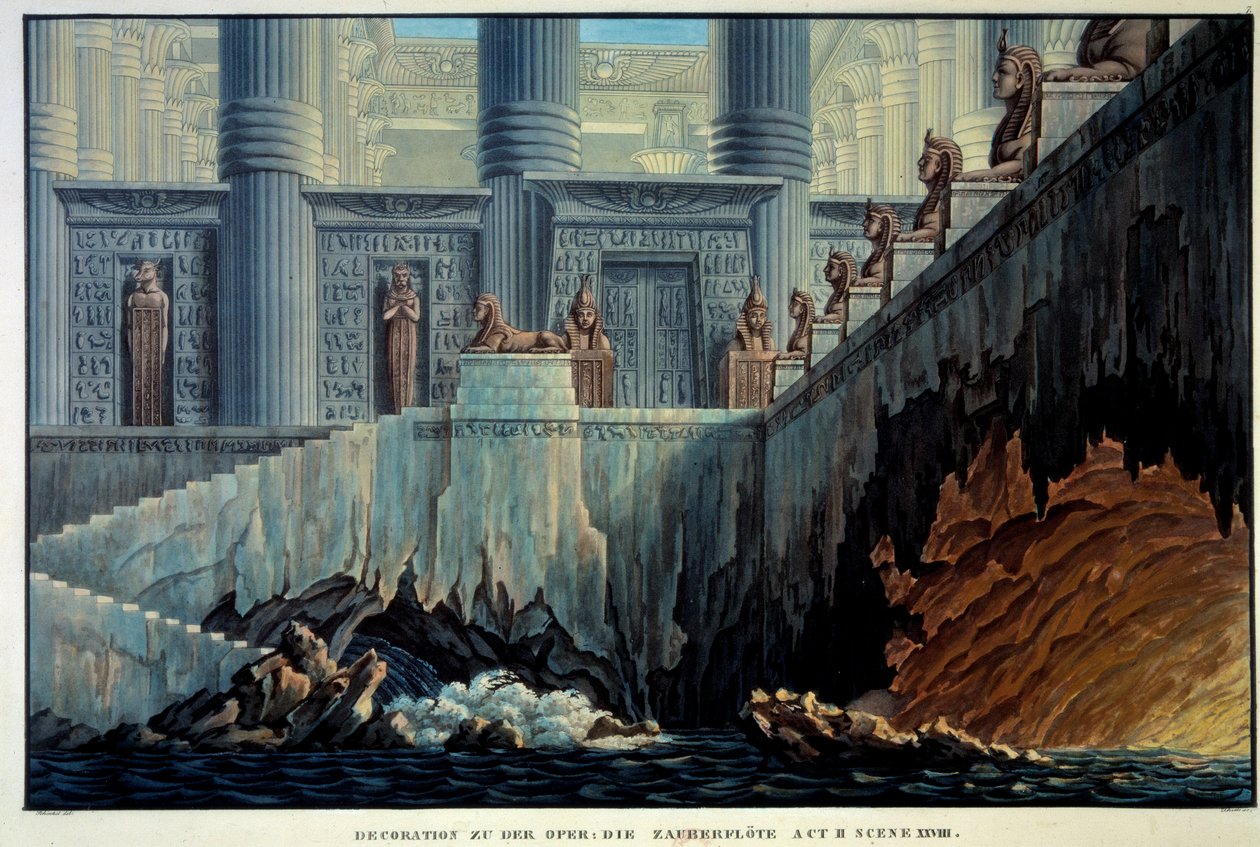 Színházi dekoráció a varázslatos fuvolához (Wolfgang Amadeus Mozart „Die Zauberflote” opera). Karl Schinkel metszete (1781-1841) Ec. Minden. alkotó: Karl Friedrich Schinkel