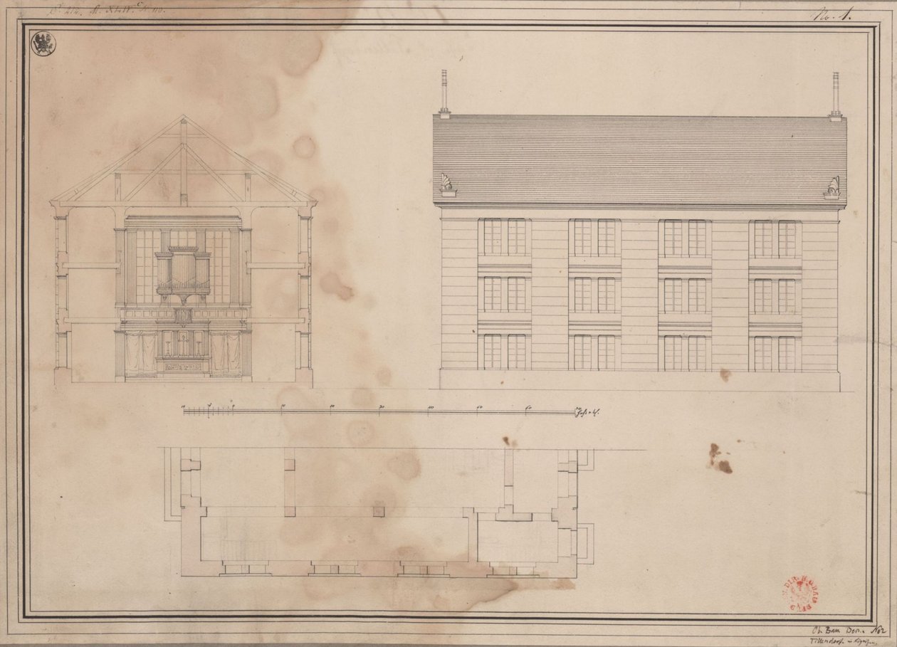 Tillendorf (Bolesławice, Liegnitz kormányzati kerület). Terv az evangélikus templomhoz. Alaprajz, az oldalfőhomlokzat nézete és keresztmetszet alkotó: Karl Friedrich Schinkel