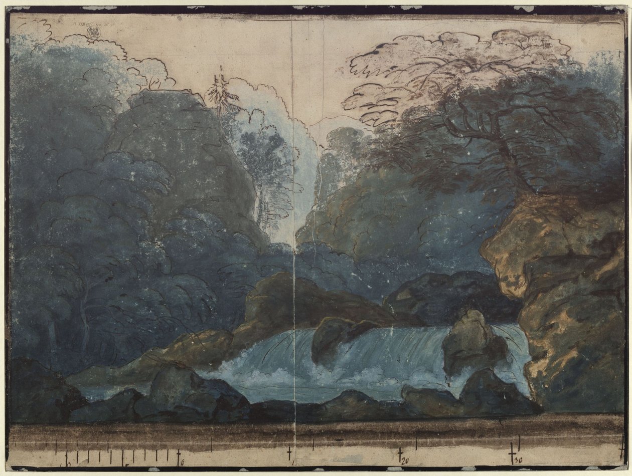 Undine. E. T. A. Hoffmann operája. A 2. díszlet vázlata. Erdő vízeséssel alkotó: Karl Friedrich Schinkel