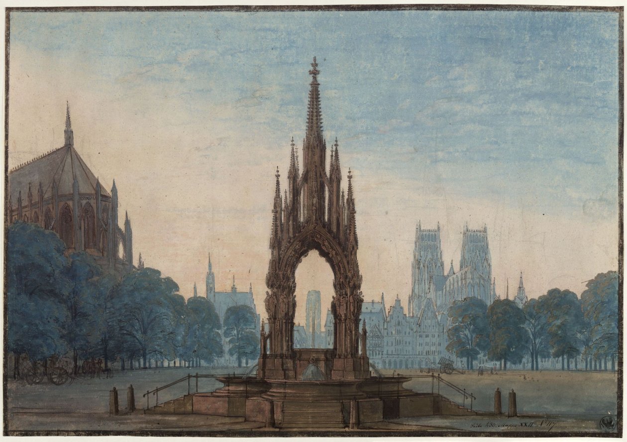 Undine. E. T. A. Hoffmann operája. A 3. díszlet vázlata. Piactér szökőkúttal alkotó: Karl Friedrich Schinkel