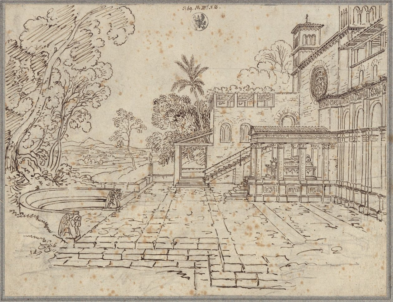 Egy templom előtti tér, amelyen egy emlékmű áll alkotó: Karl Friedrich Schinkel