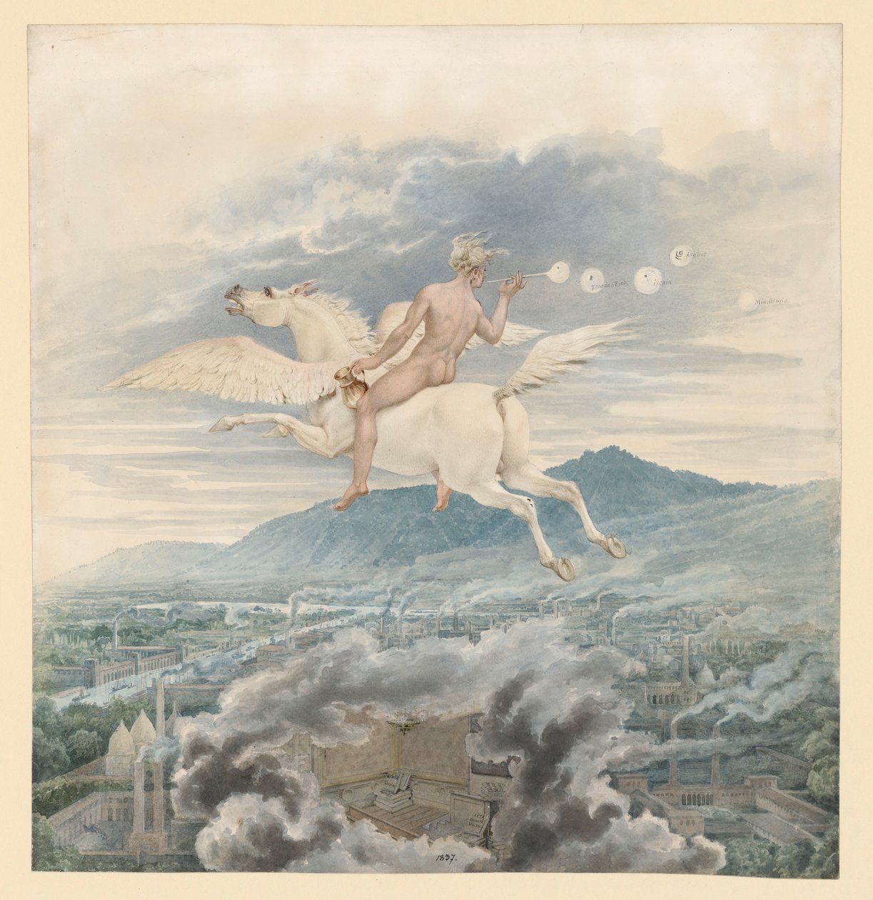 Női alak (szappanbuborék-fújó) Christian Peter Wilhelm Beuth allegóriájaként, Pegazuson lovagolva egy iparváros fölött alkotó: Karl Friedrich Schinkel