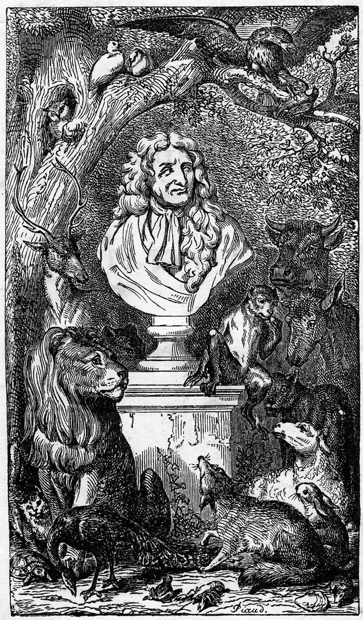 Jean de La Fontaine allegorikus mellszobra, állatokkal körülvéve; a Fables de la Fontaine könyvének előlapja alkotó: Karl Girardet