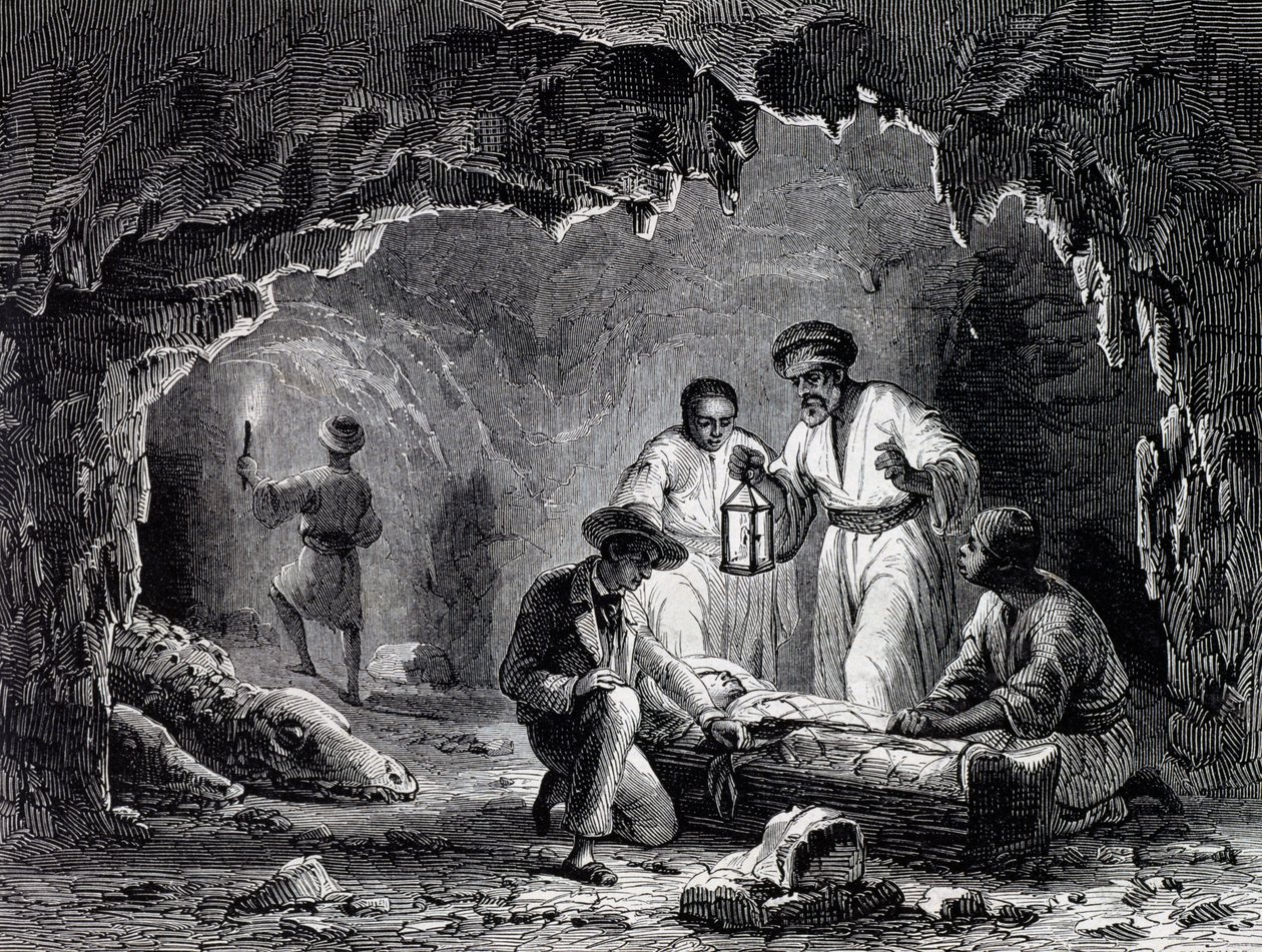 Régészeti felfedezések a szamouni barlangokban, metszet Karl Girardet (1813-1871) rajza alapján alkotó: Karl Girardet
