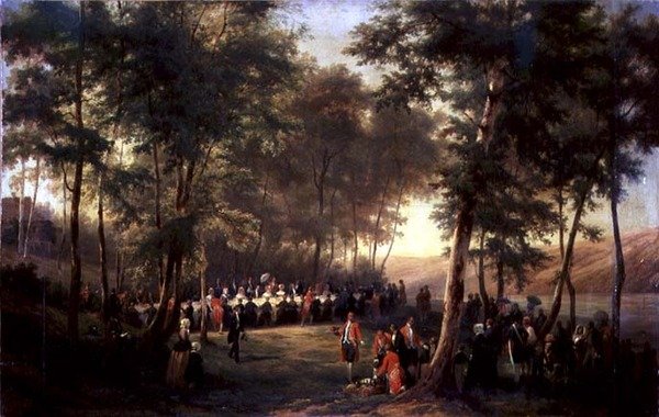 Louis-Philippe (1773-1850) ebédje Viktória királynő (1819-1901) számára az Eu-i erdőben, 1843. szeptember 6., 1844 (lásd még 379713) alkotó: Karl Girardet