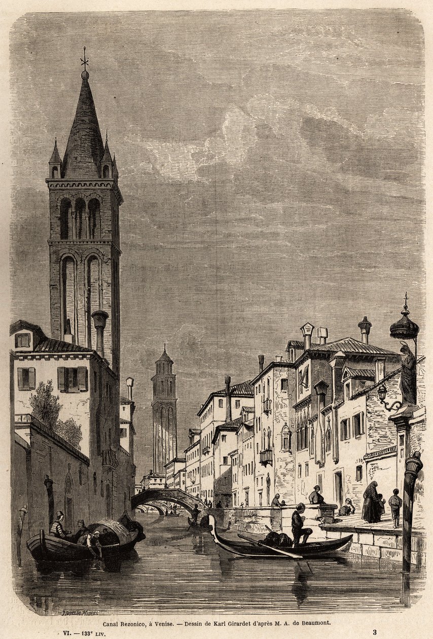 A Rezonico-csatorna, Karl Girardet (1813-1871) rajza, Adalbert de Beaumont 1850 körüli velencei utazásának illusztrálására. Metszet a „” Le tour du monde”-ban, szerkesztette Edouard Charton alkotó: Karl Girardet