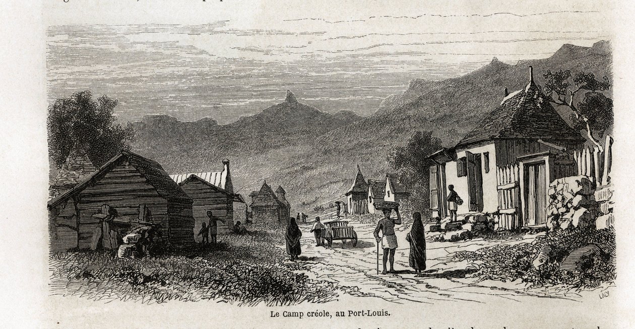 A Port Louis-i tábori kreol, Karl Girardet (1813-1871) rajza Alfred Verney 1861-es mauritiusi tartózkodásának illusztrálására. Metszet a „Le tour du monde”-ban, szerkesztette Edouard Charton alkotó: Karl Girardet
