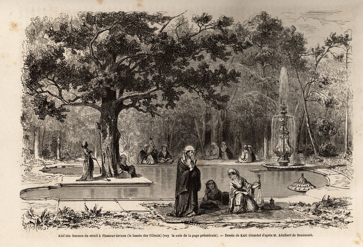 A Flamour-Javuzu-i (Flavour Javuzu) szeriló női képe a konstantinápolyi palotában (ma Itamboul), Törökországban, Karl Girardet (1813-1871) rajza az 1860-as szerilátogatás illusztrálására , egy névtelen nőtől. Gravírozás a " alkotó: Karl Girardet