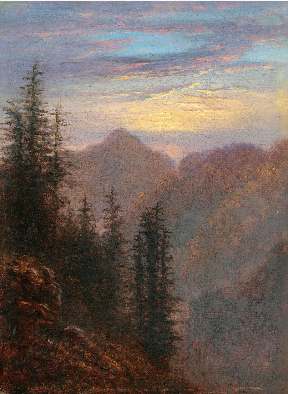 ""Hegyi táj alkonyatkor" Carl Gustav Carus (1789-1869) festménye 19. század Olaj, vászon Méret 20,6x15,1 cm Magángyűjtemény alkotó: Karl Gustav Carus