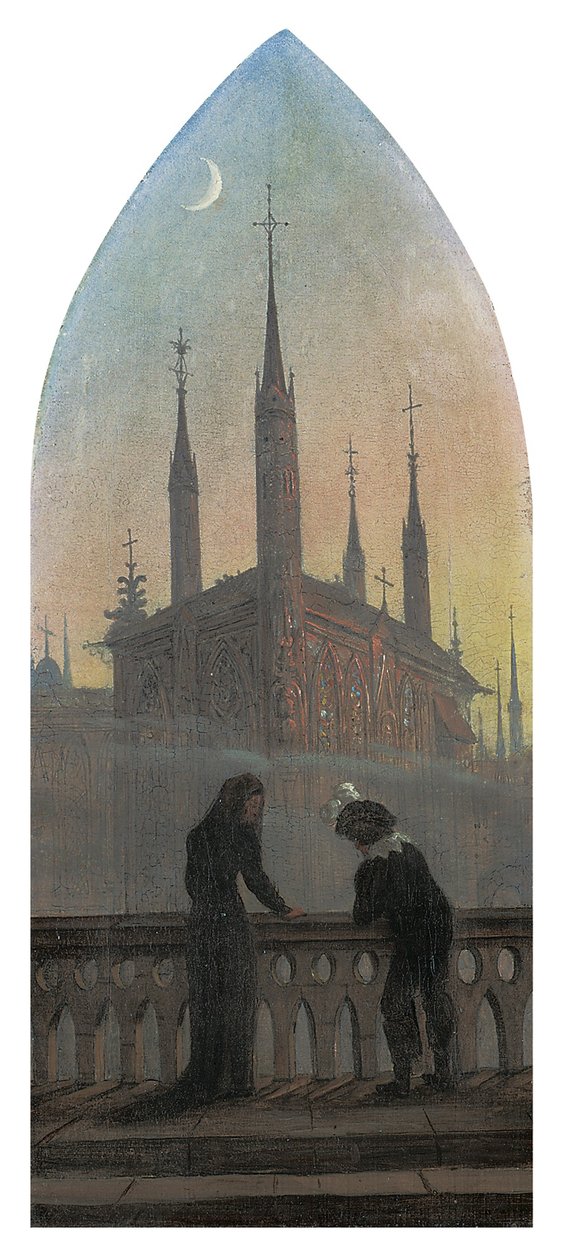 Régi német ruhát viselő emberek egy középkori városra gondolnak alkotó: Karl Gustav Carus