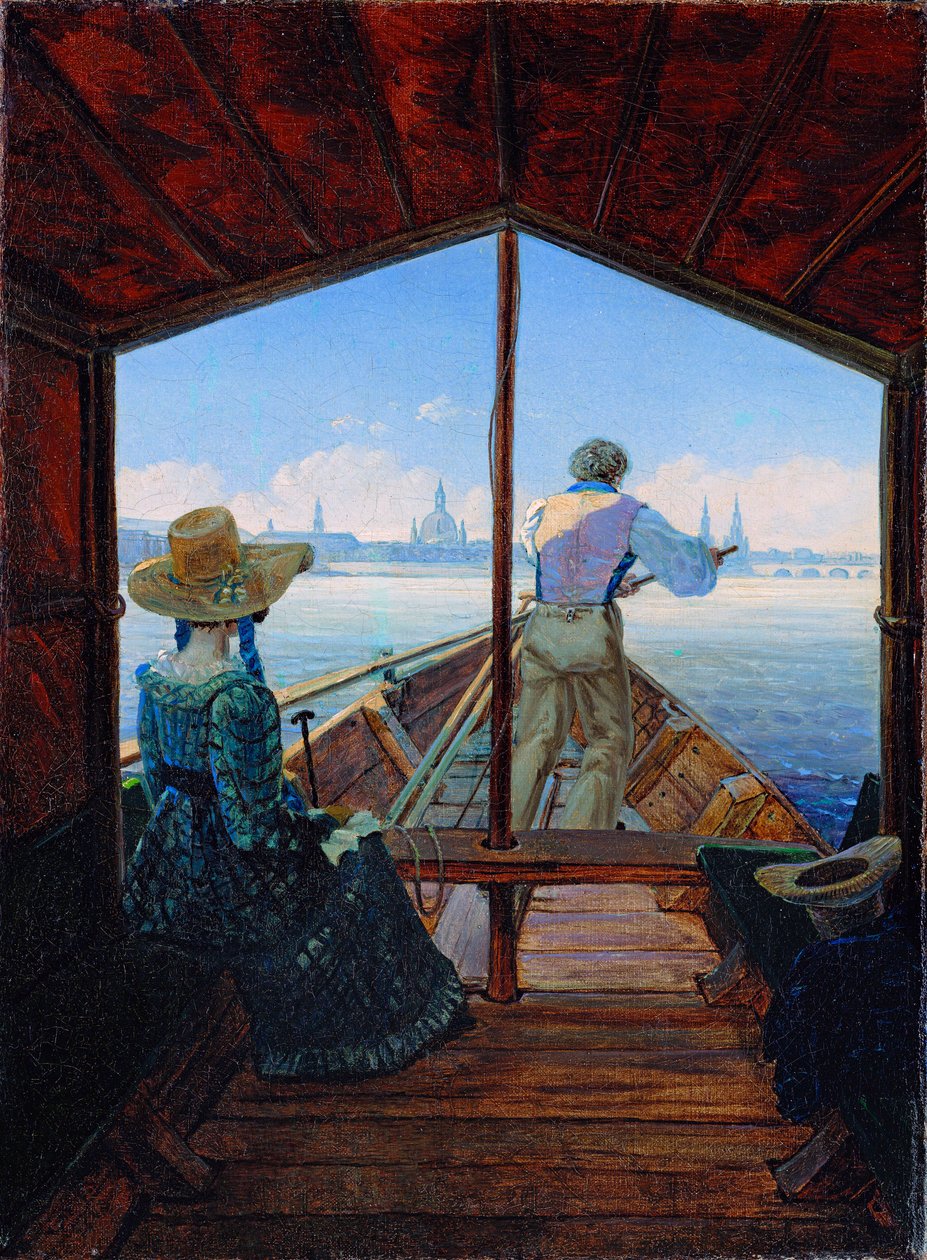 ""Korán reggel az Elbán"" hajókirándulás az Elbán Drezda mellett (Uszályos kirándulás az Elbán Drezda mellett (Reggel az Elbán) Carl Gustav Carus (1789-1869) festménye Olaj, vászon 1827 Méret 29x22 cm Museum Kunstpalast, Düsseldorf alkotó: Karl Gustav Carus