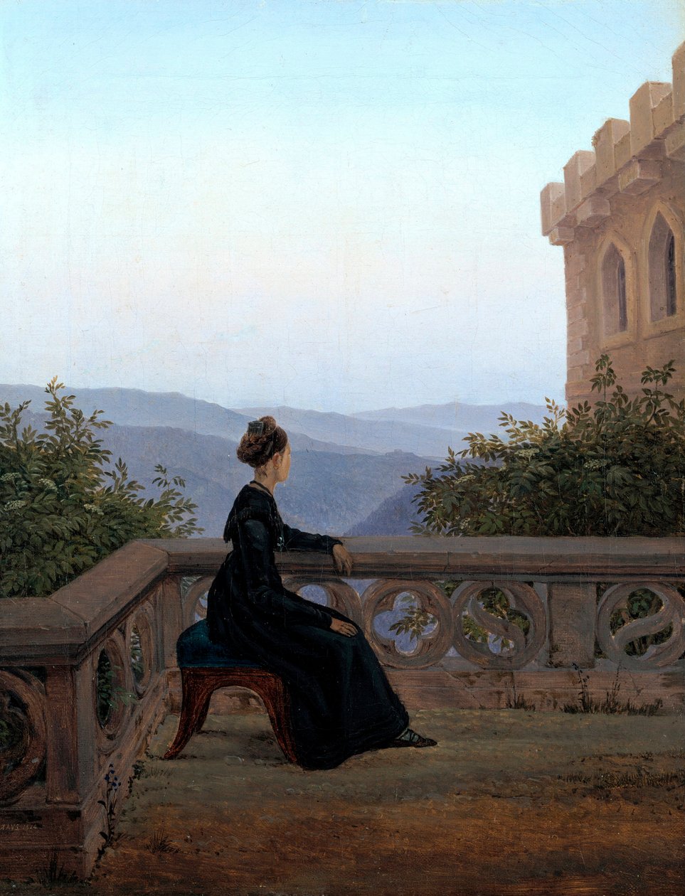 ""Nő portréja a teraszon"" (Woman on the Balcony) Carl Gustav Carus (1789-1869) festménye Olaj, vászon 1824 Méret 42x32 cm Állami Művészeti Galéria, Drezda alkotó: Karl Gustav Carus