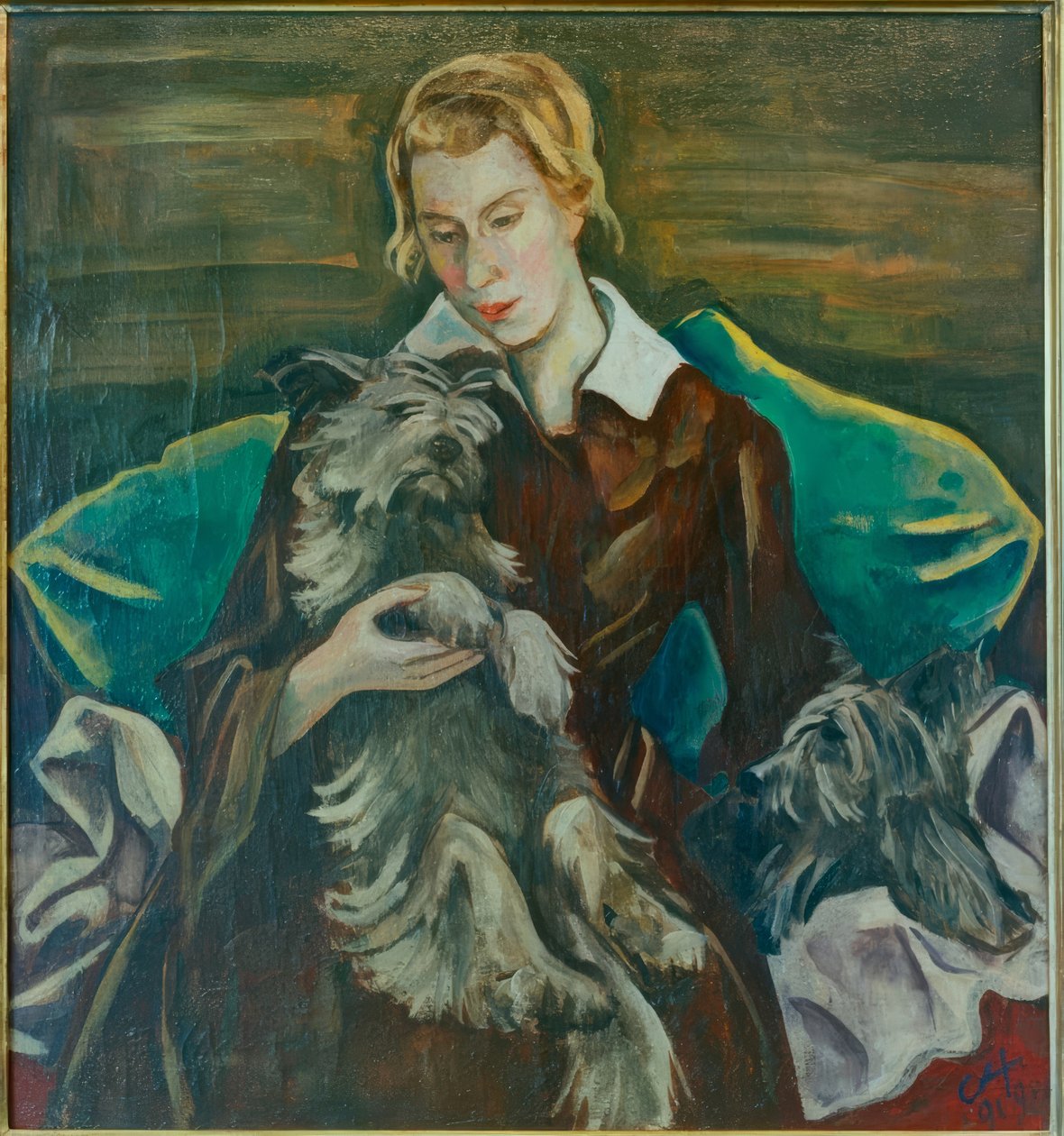 Felicitas Haller portréja Romulus és Remus skyeterrierjeivel alkotó: Karl Hofer