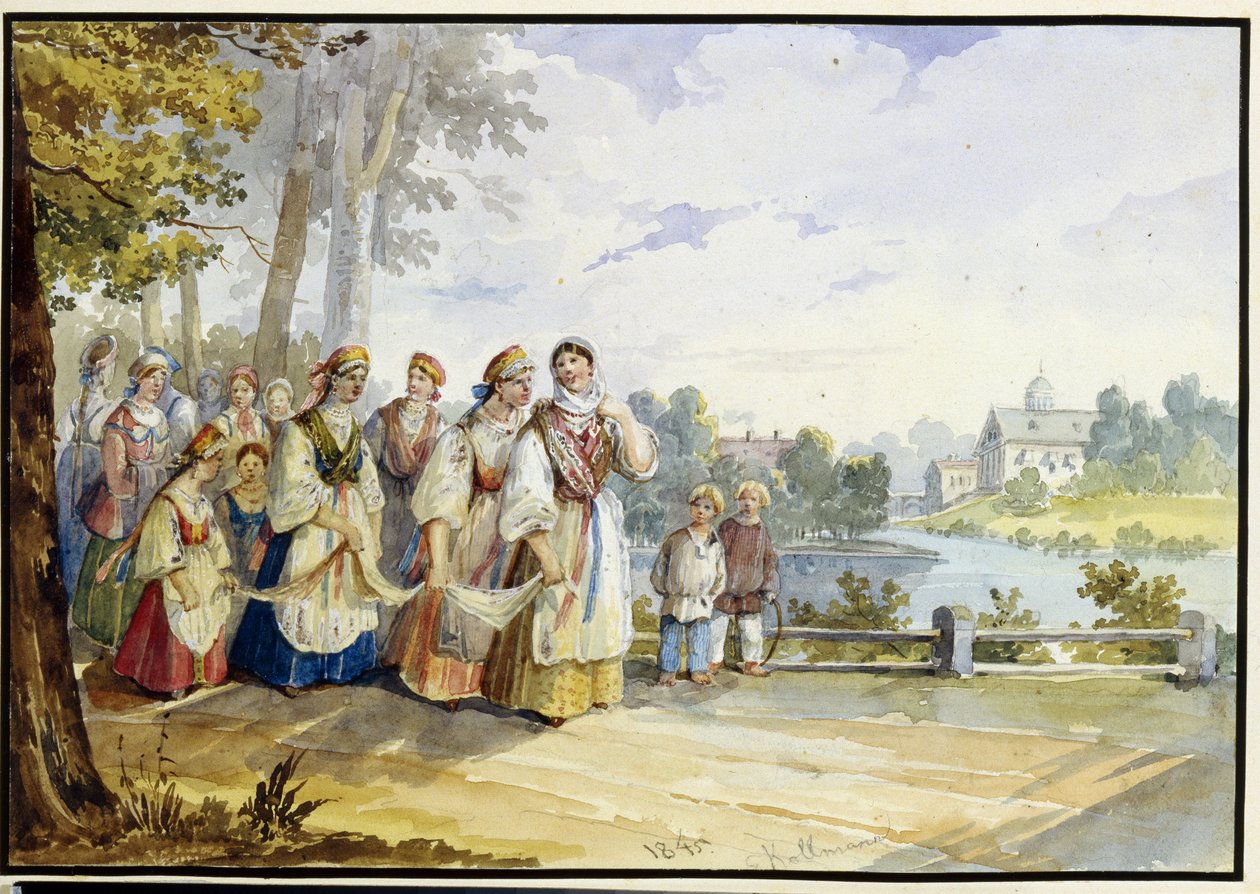 Orosz parasztlányok ünnepi ruhában. Karl Ivanovich Kolman (1786-1846) munkája, akvarell kartonon alkotó: Karl Ivanovich Kolmann