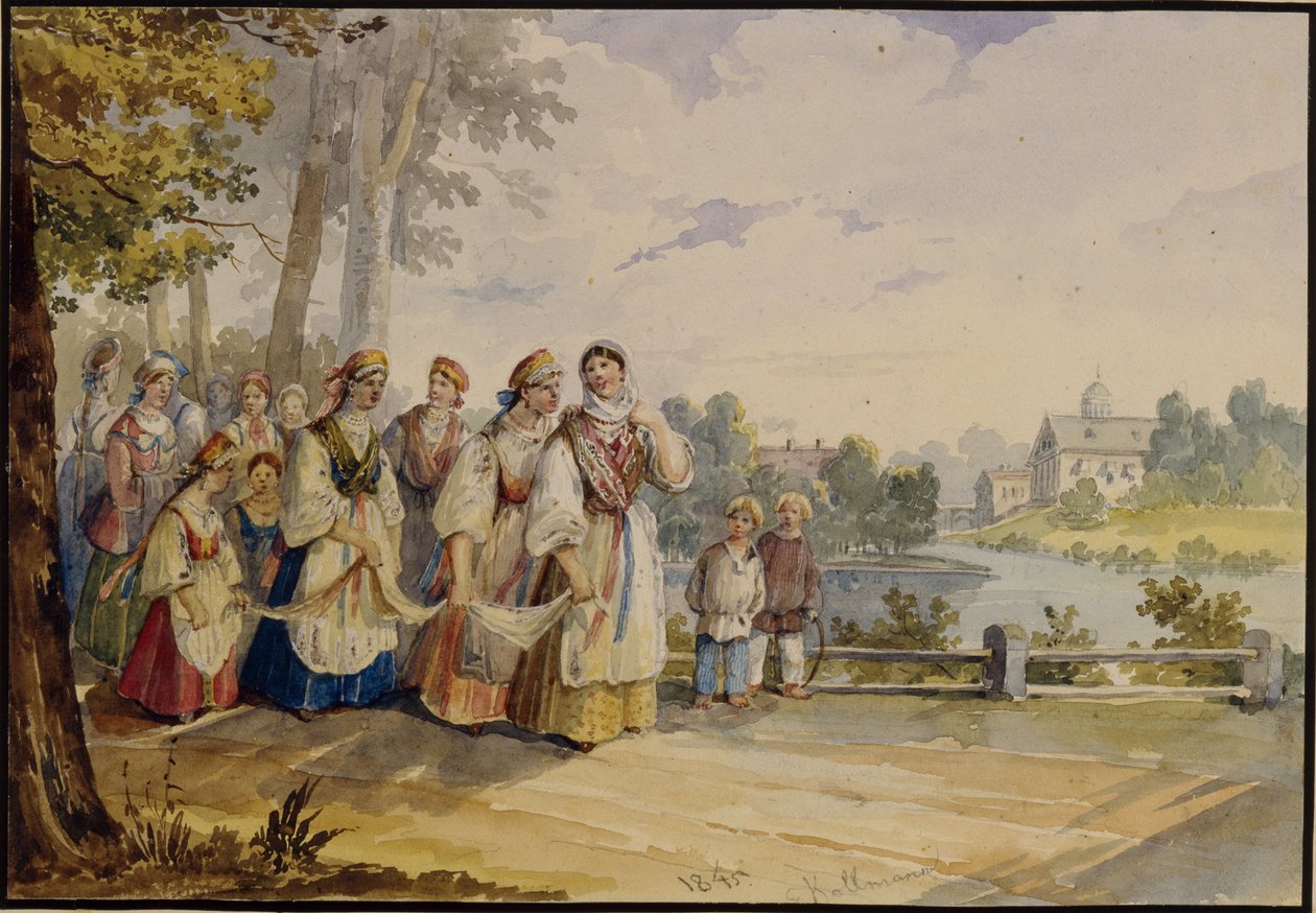Orosz parasztlányok ünnepi ruhában, 1845 alkotó: Karl Ivanovich Kolmann
