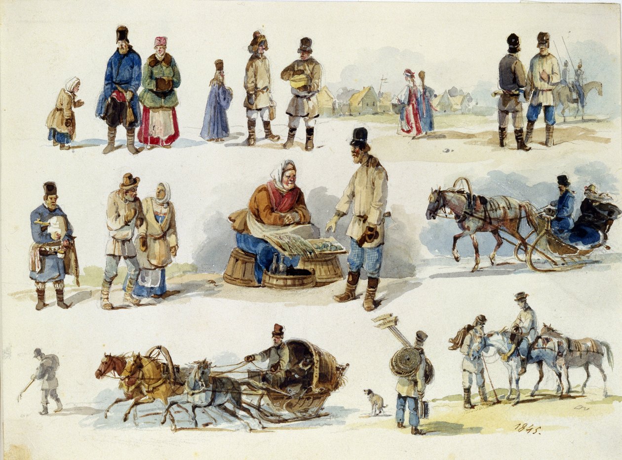 Orosz népi típusok. (Oroszország népi típusai). Karl Ivanovich Kolman (1786-1846) munkája, akvarell kartonon alkotó: Karl Ivanovich Kolmann