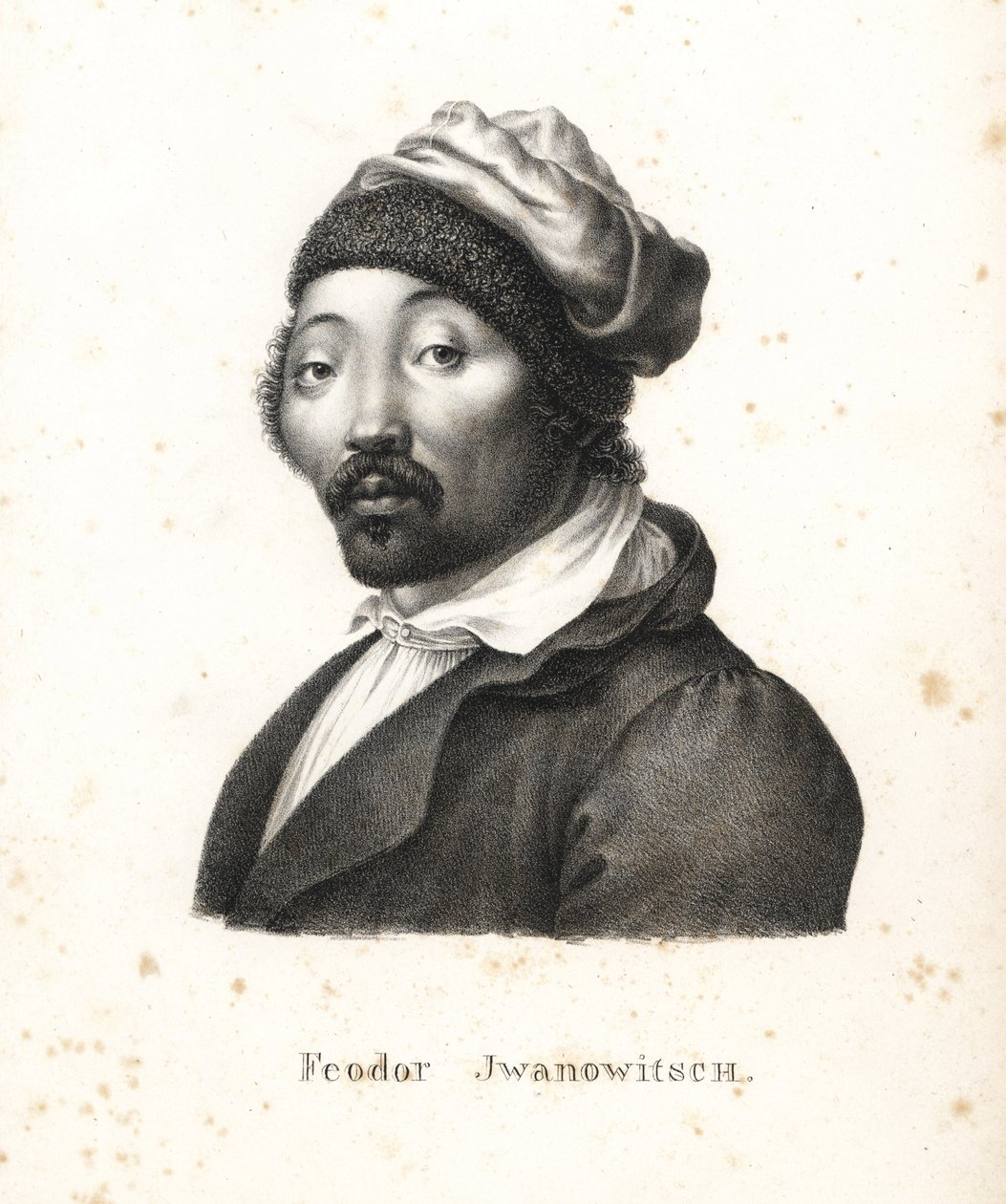Feodor Jwanowitsch, az oroszok által elrabolt kalmük nomád, aki később festő és rézmetsző lett. Karl Joseph Brodtmann litográfiája Heinrich Rudolf Schinz Emberek és állatok illusztrált természettörténetéből alkotó: Karl Joseph Brodtmann