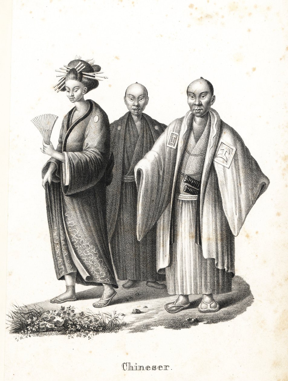 Japán oirán és szamuráj. Japán udvarhölgy kimonóban, legyezővel és hajdíszekkel, valamint két japán szamuráj chonmage frizurában, hakama fölött montsukit visel, két karddal (katana) az övükben. (Tévedésből kínai címmel.) Karl Joseph litográfiája alkotó: Karl Joseph Brodtmann