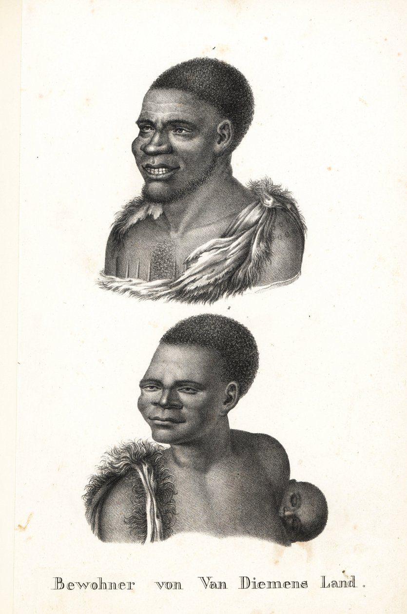 Tasmania őslakosai, Van Diemen földje. Grou Aagara, a férfi mellkasán karikázott és állatbőr köpeny, és Arra-Maida, nő gyermekkel a hátán, kengurupapuzban. A tasmán bennszülötteket a gyarmatosítók kiirtották. Nicolas Martitól másolva alkotó: Karl Joseph Brodtmann