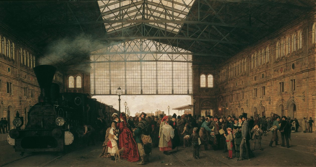 Vonat érkezése a bécsi északnyugati pályaudvarra, 1875 alkotó: Karl Karger