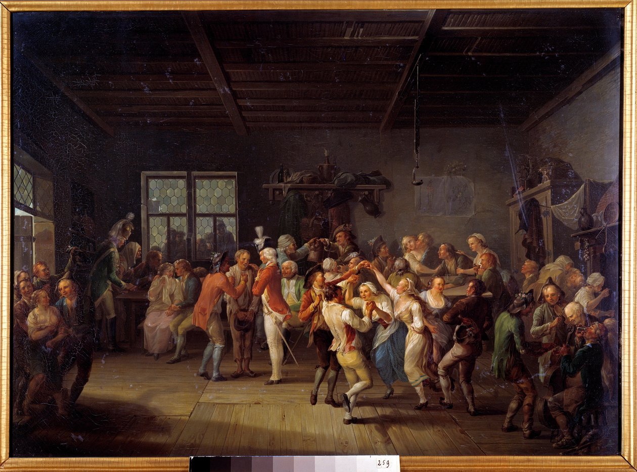 Toborzás egy 18. századi fogadótisztben, táncosok kabátjában. Karl Pitz (1756-1795) festménye alkotó: Karl Kaspar Pitz