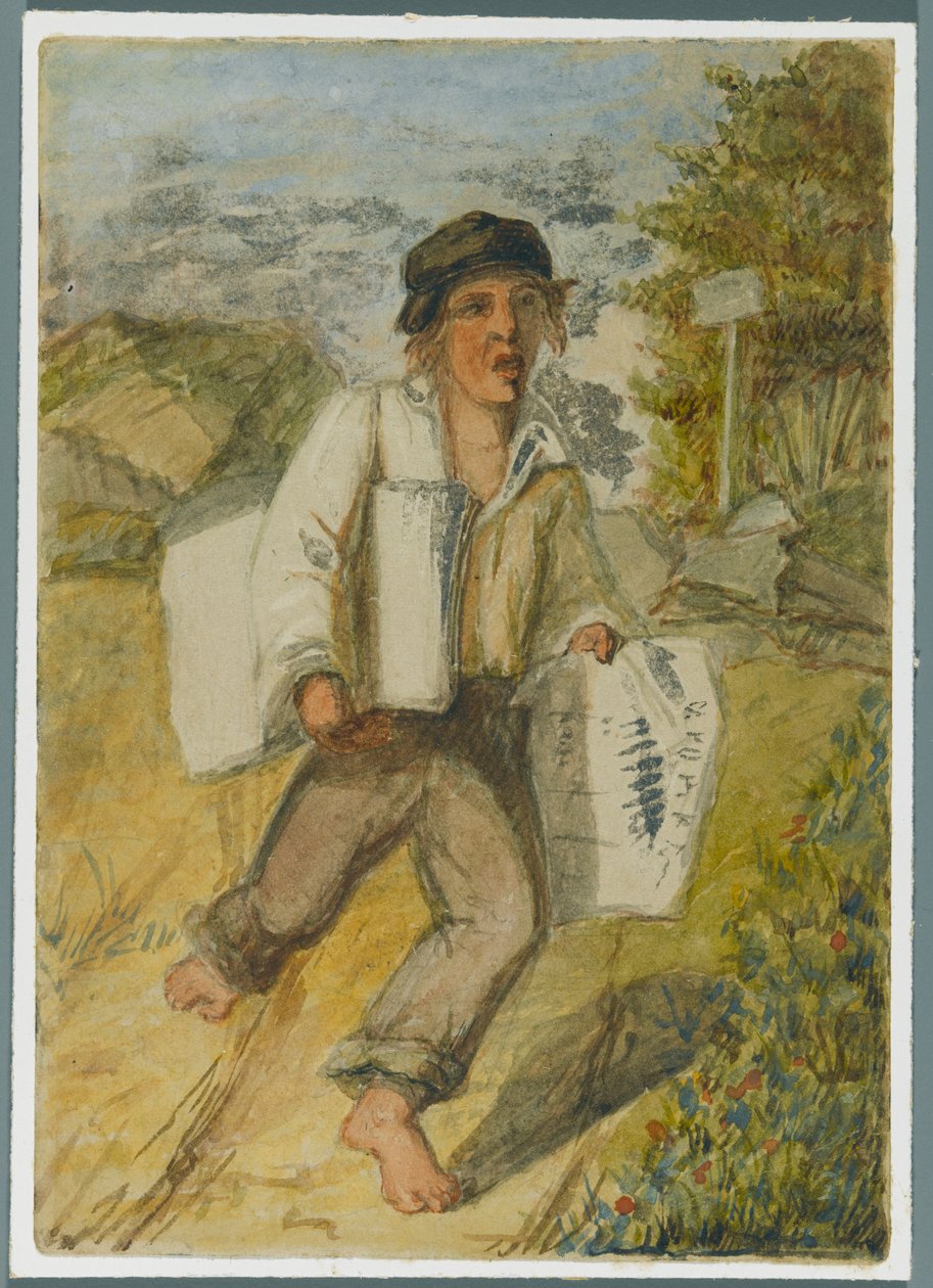 Newspaper Boy, 1864 (wc fekete média aláhúzással) alkotó: Karl L.H. Mueller