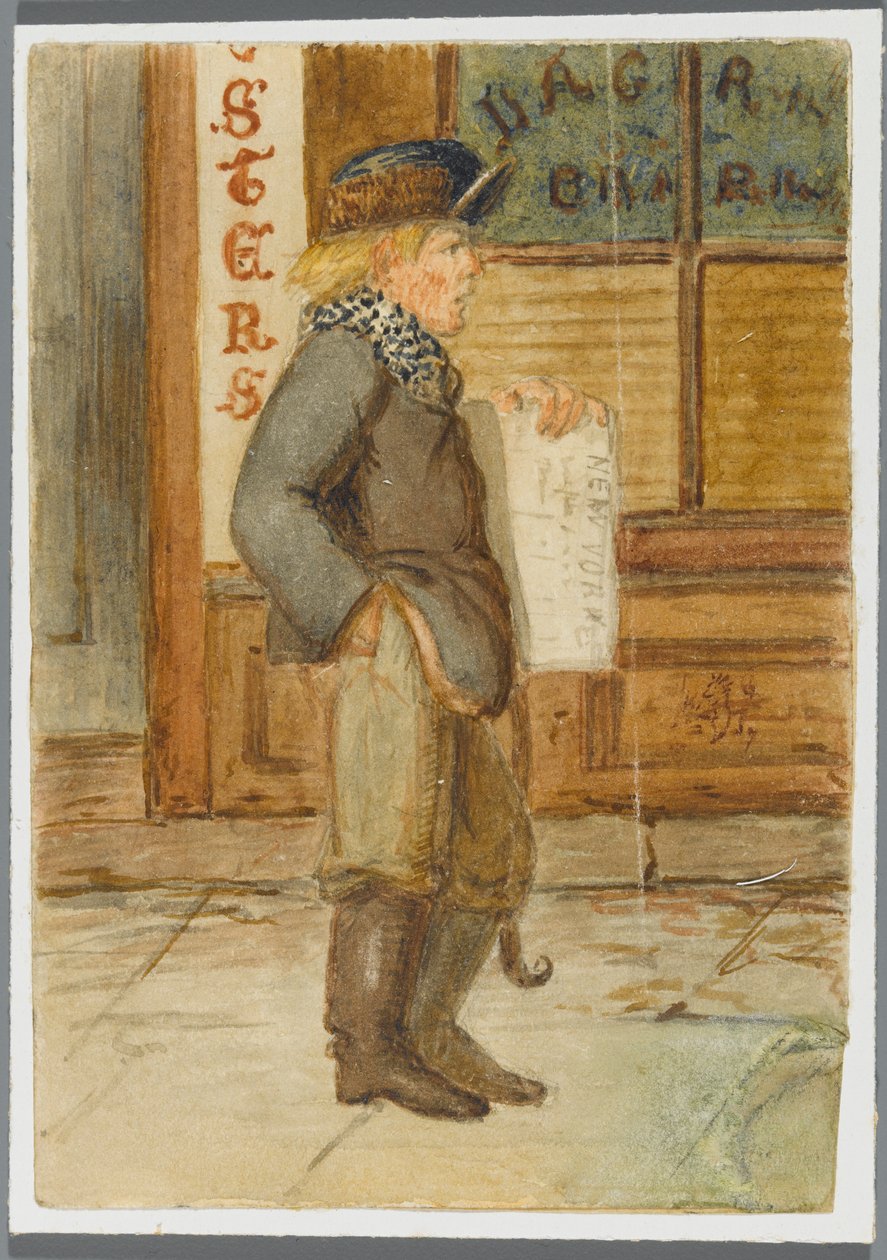 Newspaper Boy, 1864 (wc fekete média aláhúzással) alkotó: Karl L.H. Mueller