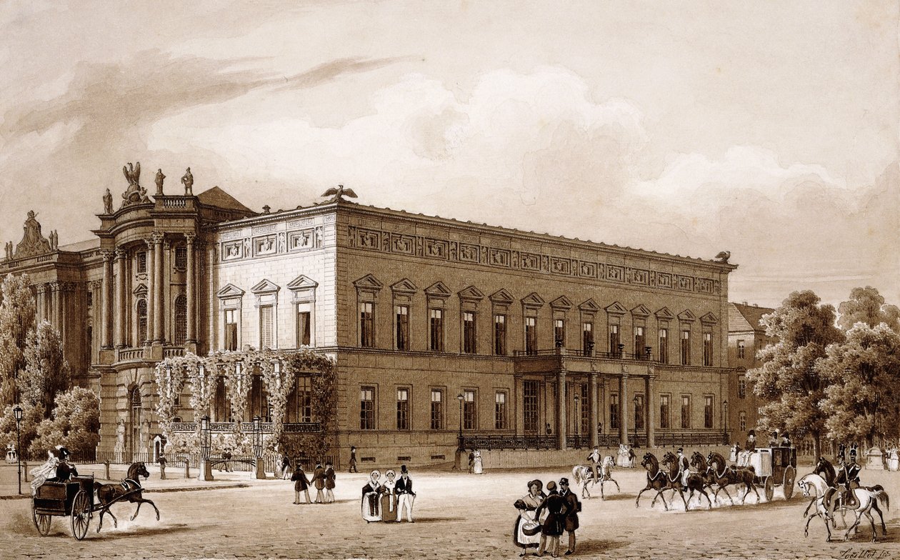 Unter den Linden, Berlin. a Vilmos herceg palotáját, amelyet Karl Langhans épített 1834-36-ban, és a Királyi Könyvtárat, amelyet Georg Christian Unger épített 1775-78 között Josef Emanuel Fischer von Erlach tervei alapján, kilátással a Platz am Opernhausra alkotó: Karl Loeillot Hartwig