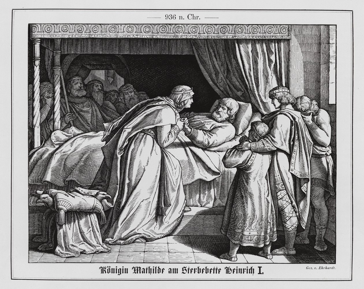 Matilda királyné I. Henrik kelet-francia király halálos ágya mellett, 936 (metszet) alkotó: Karl Ludwig Adolf Ehrhardt