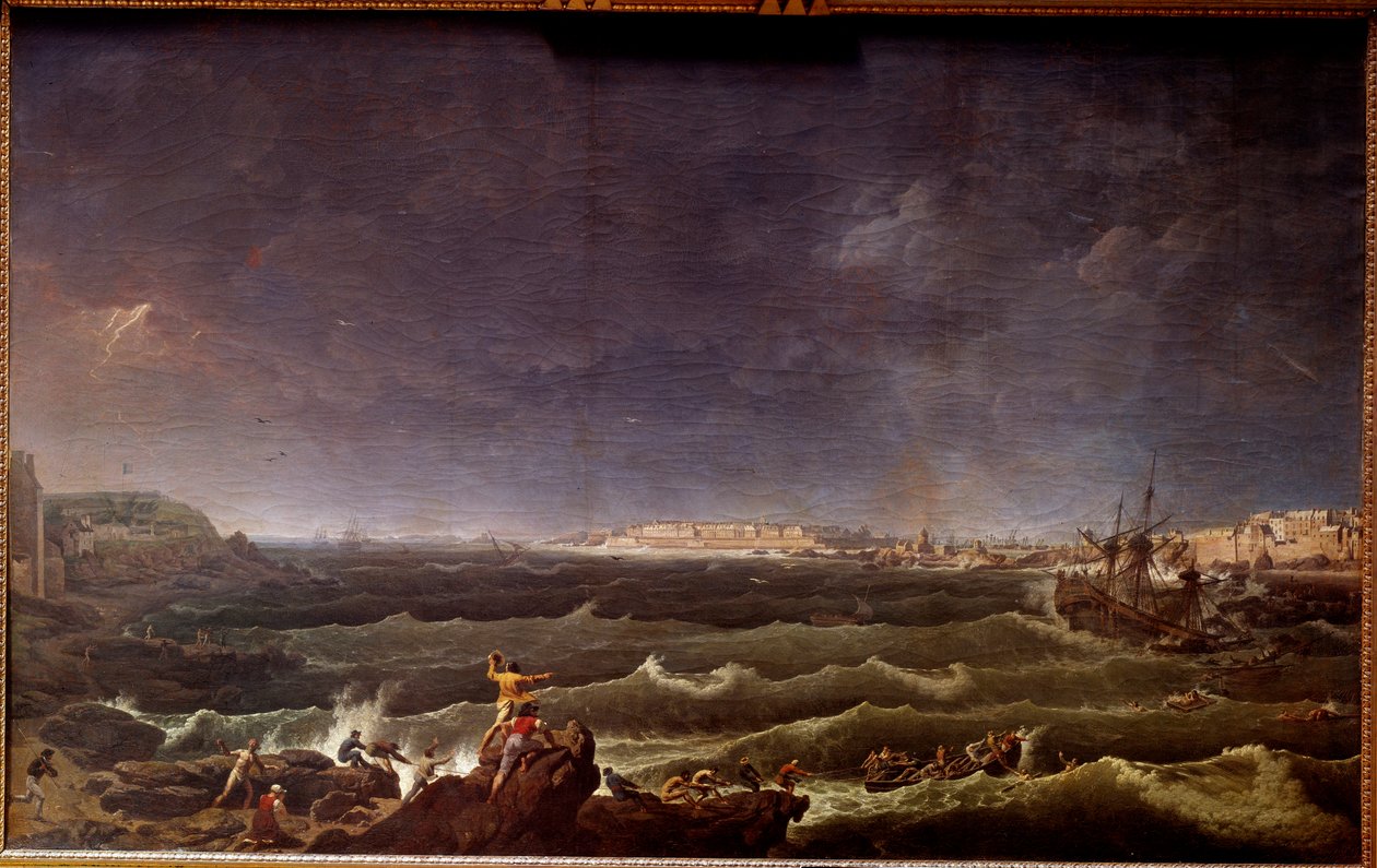 Vihar Saint Malo kikötőjében Karl Hackert festménye (1740-1800) 18. századi Párizs, Musee de la Marine alkotó: Karl Ludwig Hackert