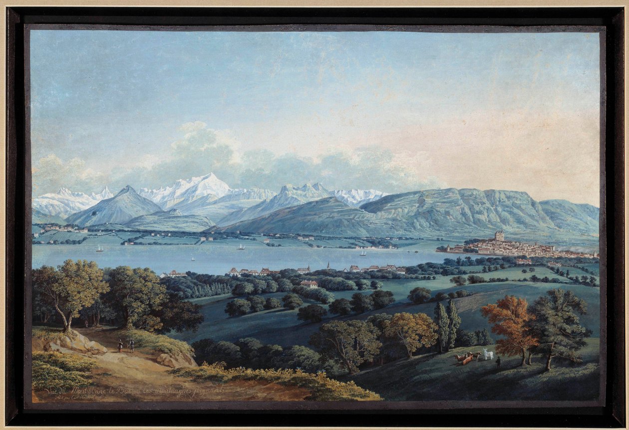 Genf látképe a Leman-tóval és a Mont Blanc akvarelljei, Karl Hackert (1740-1800) 19. századi magángyűjtemény alkotó: Karl Ludwig Hackert
