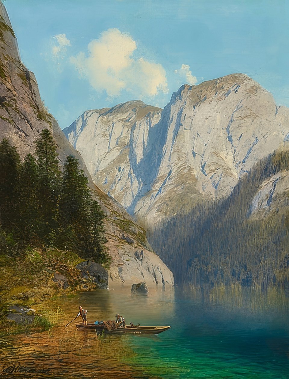 Halászok a csónakban egy hegyi tó partján. 1882 alkotó: Karl Millner