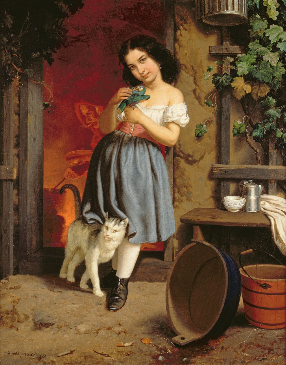Fiatal lány macskával, 1866, olaj, vászon alkotó: Karl Nahl