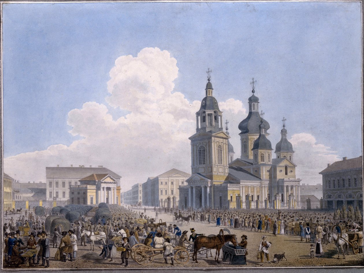 A Szénapiac és a Nagyboldogasszony templom Szentpéterváron - Karl Petrovich Beggrov (1799-1875) munkája, akvarell papíron (10,3x15 ,1 cm), 1820-1830 - Állami orosz alkotó: Karl Pavlovich Beggrov