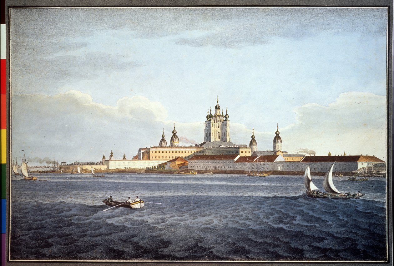 A szmolnyij kolostor Szentpéterváron (A szmolnyij kolostor Szentpéterváron). Karl Petrovich Beggrov (1799-1875) rajza. Akvarell papíron alkotó: Karl Pavlovich Beggrov