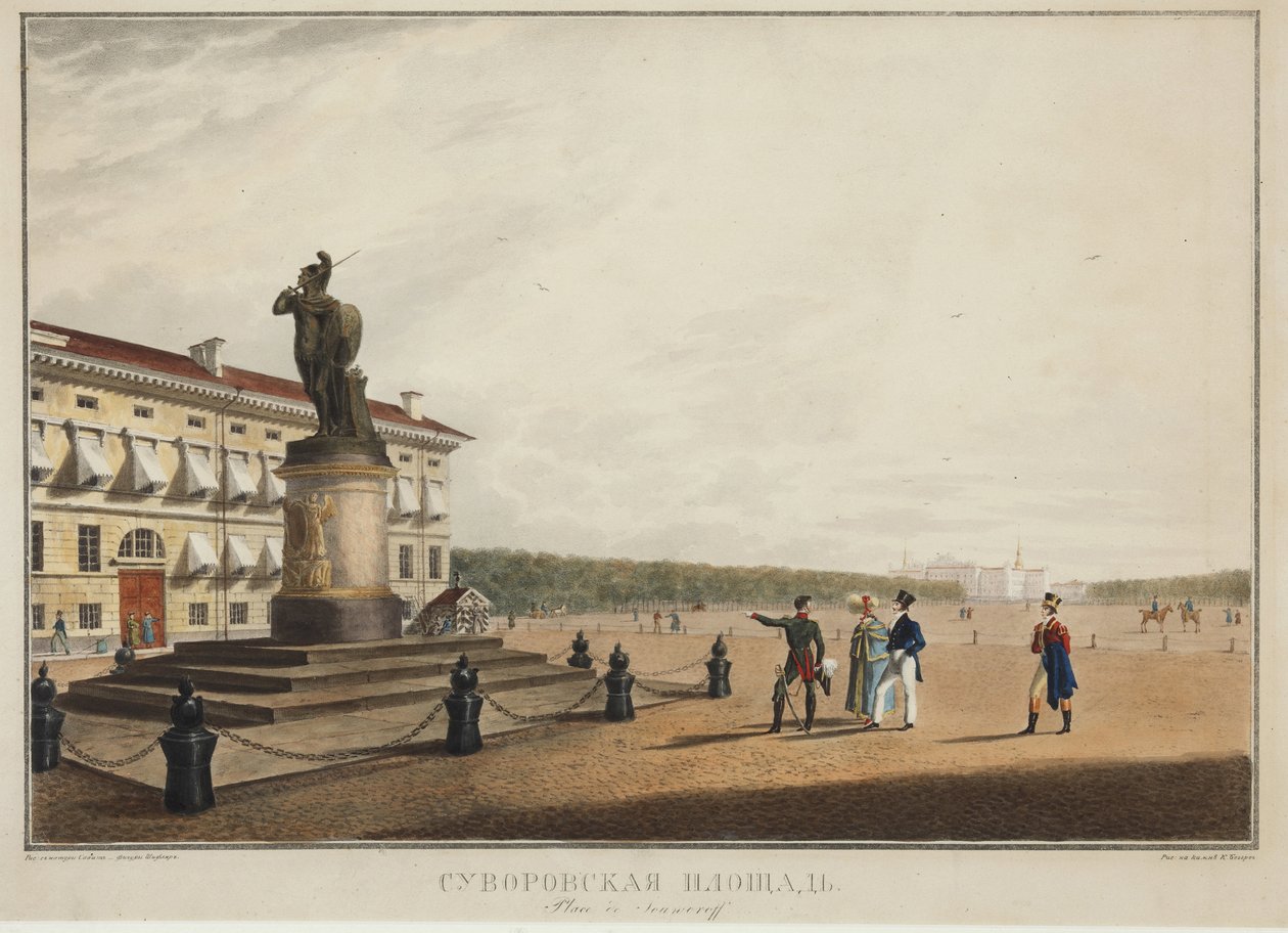 A Szuvorov (Souvorov) tér Szentpéterváron - Karl Petrovich Beggrov (1799-1875). Litográfia, akvarell alkotó: Karl Pavlovich Beggrov