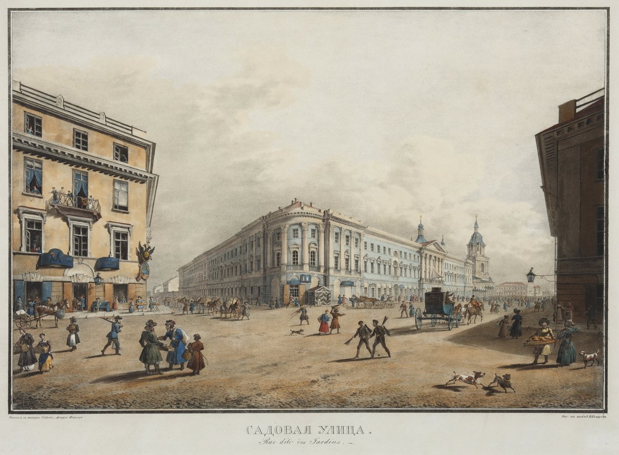 Kilátás a Sadovaya utcára, Szentpéterváron – Karl Petrovich Beggrov (1799-1875). Litográfia, akvarell alkotó: Karl Pavlovich Beggrov