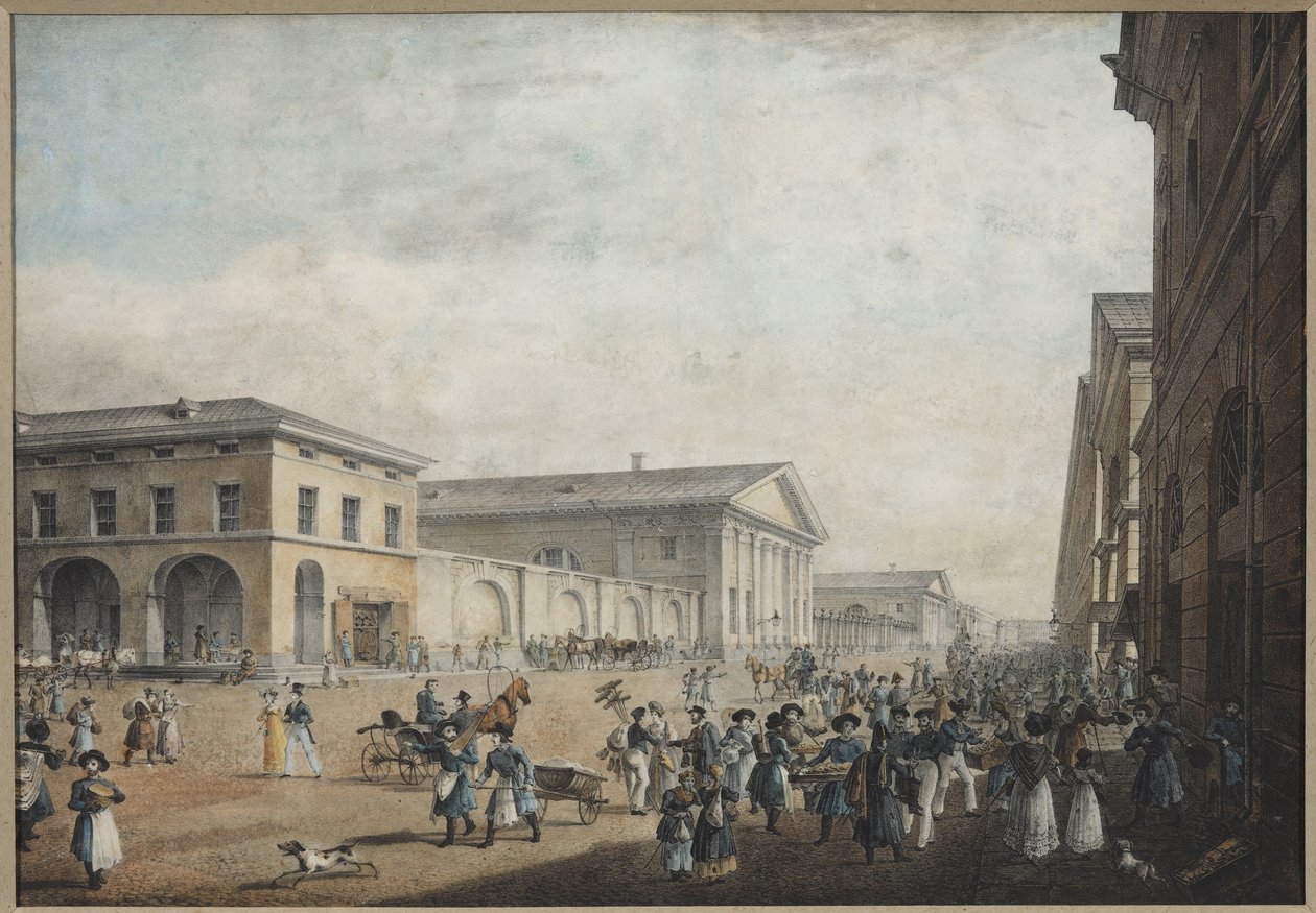 Kilátás a Sadovaya utcára, Szentpéterváron – Karl Petrovich Beggrov (1799-1875). Litográfia, akvarell alkotó: Karl Pavlovich Beggrov
