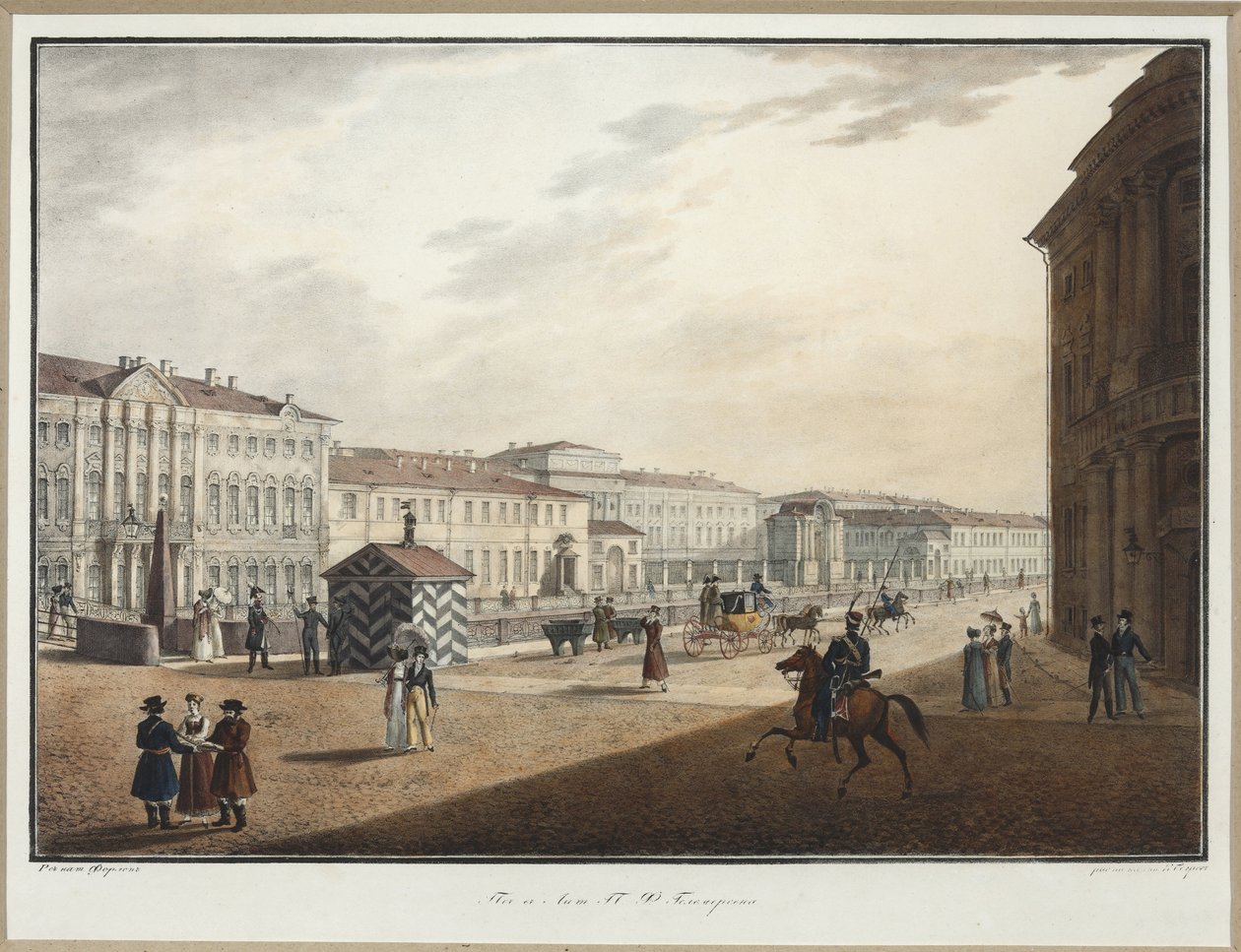 Kilátás a Moika rakpartra a Rendőrhíd közelében - Karl Petrovich Beggrov (1799-1875). Litográfia, akvarell alkotó: Karl Pavlovich Beggrov
