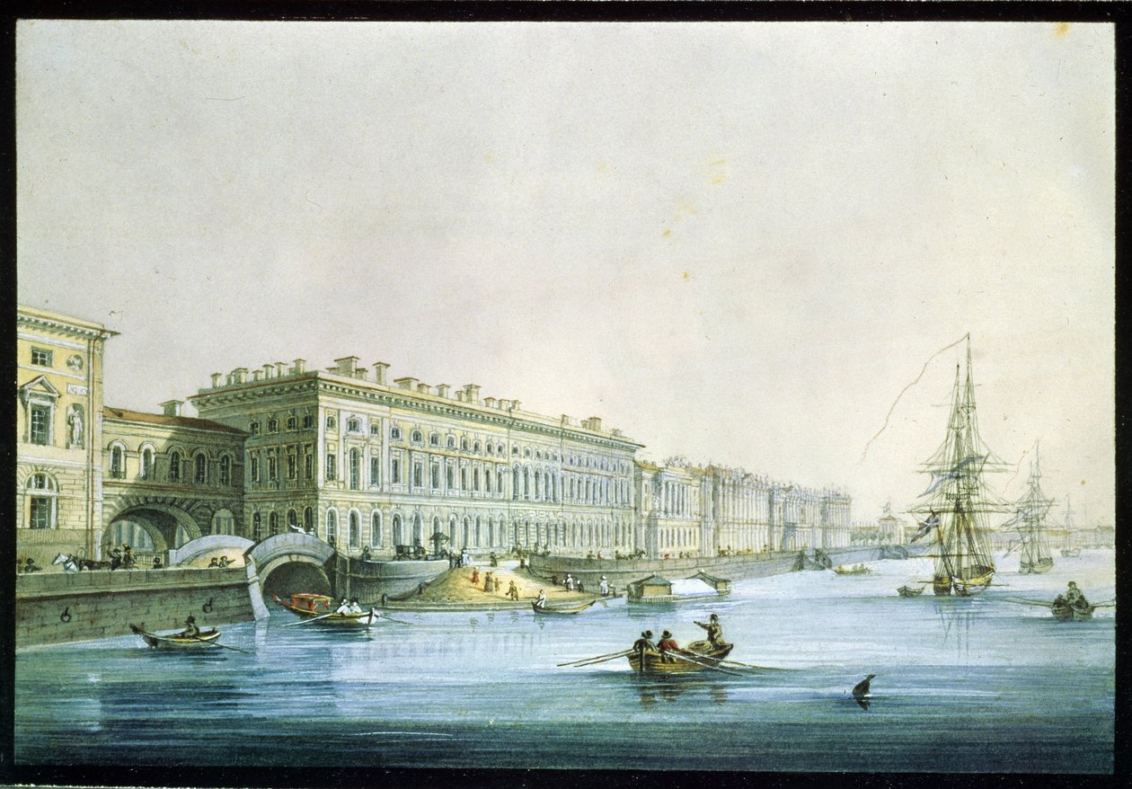 Kilátás a szentpétervári palota rakpartjára. Karl Petrovich Beggrov (1799-1875) festménye. Akvarell és tus papírra, 1830 körül, 19. századi orosz művészet, klasszicizmus. Állami Orosz Múzeum, Szent Pet alkotó: Karl Pavlovich Beggrov