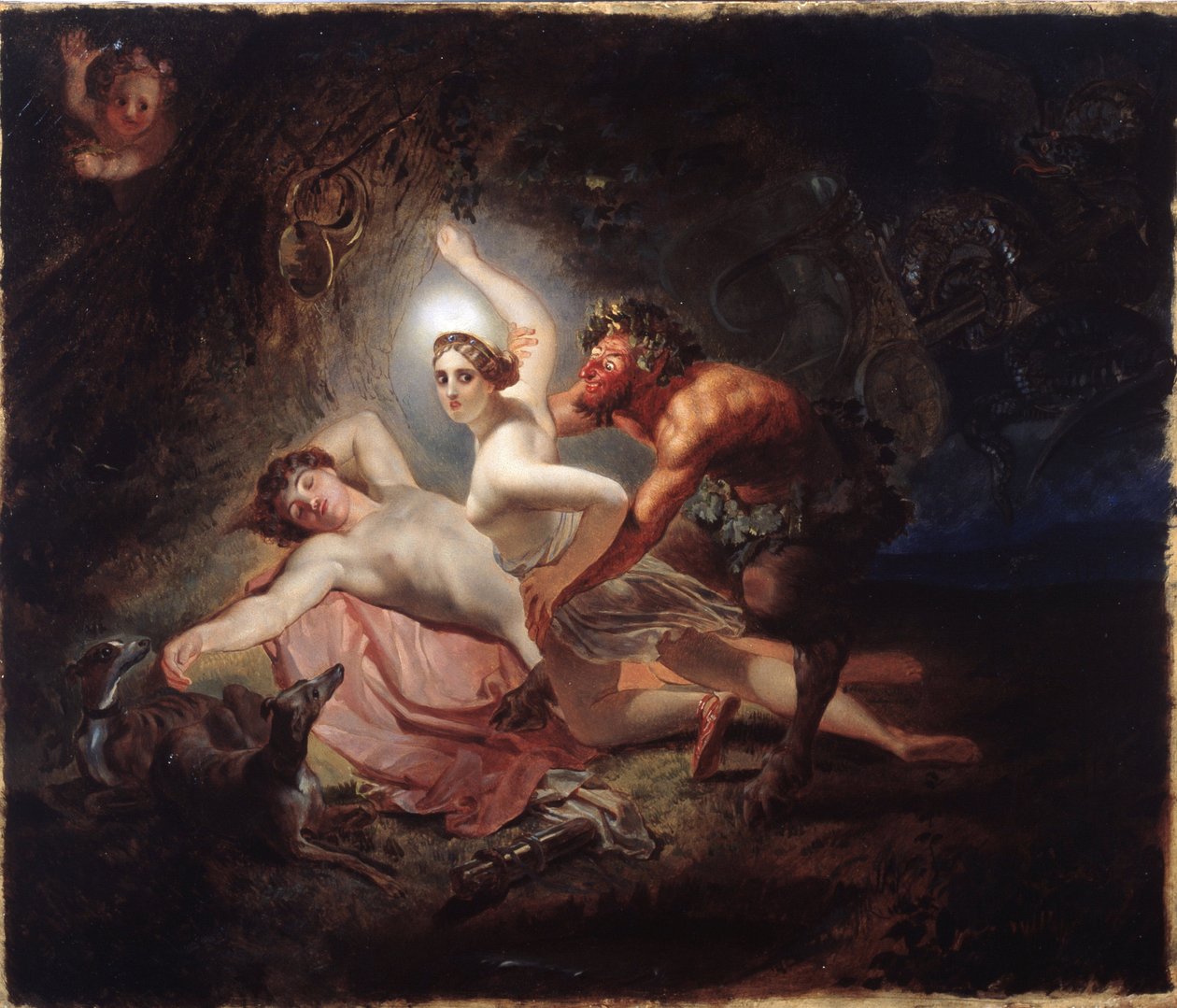 Diana, Endymion és a Satyr (Diana, Endymion és Satyr) – Karl Pavlovich Briullov (Briullov) festménye (1799-1852), olaj, karton alkotó: Karl Pavlovich Bryullov
