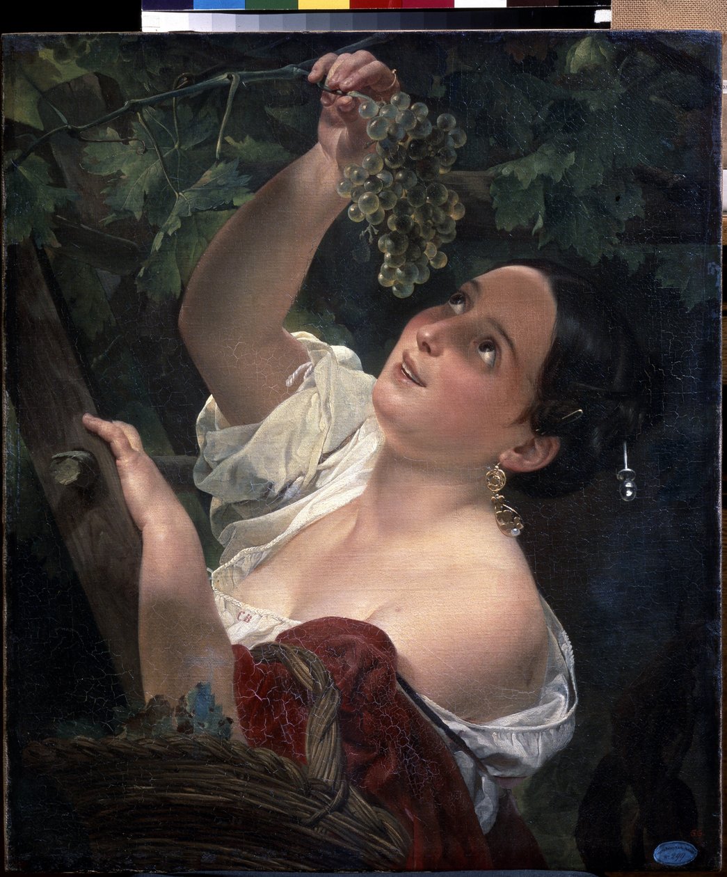 Olasz dél (olasz dél). Fiatal nő, csupasz váll, szőlőfürtöt szed - Karl Pavlovich Briullov (Briullov) festménye (1799-1852) - olaj, vászon alkotó: Karl Pavlovich Bryullov