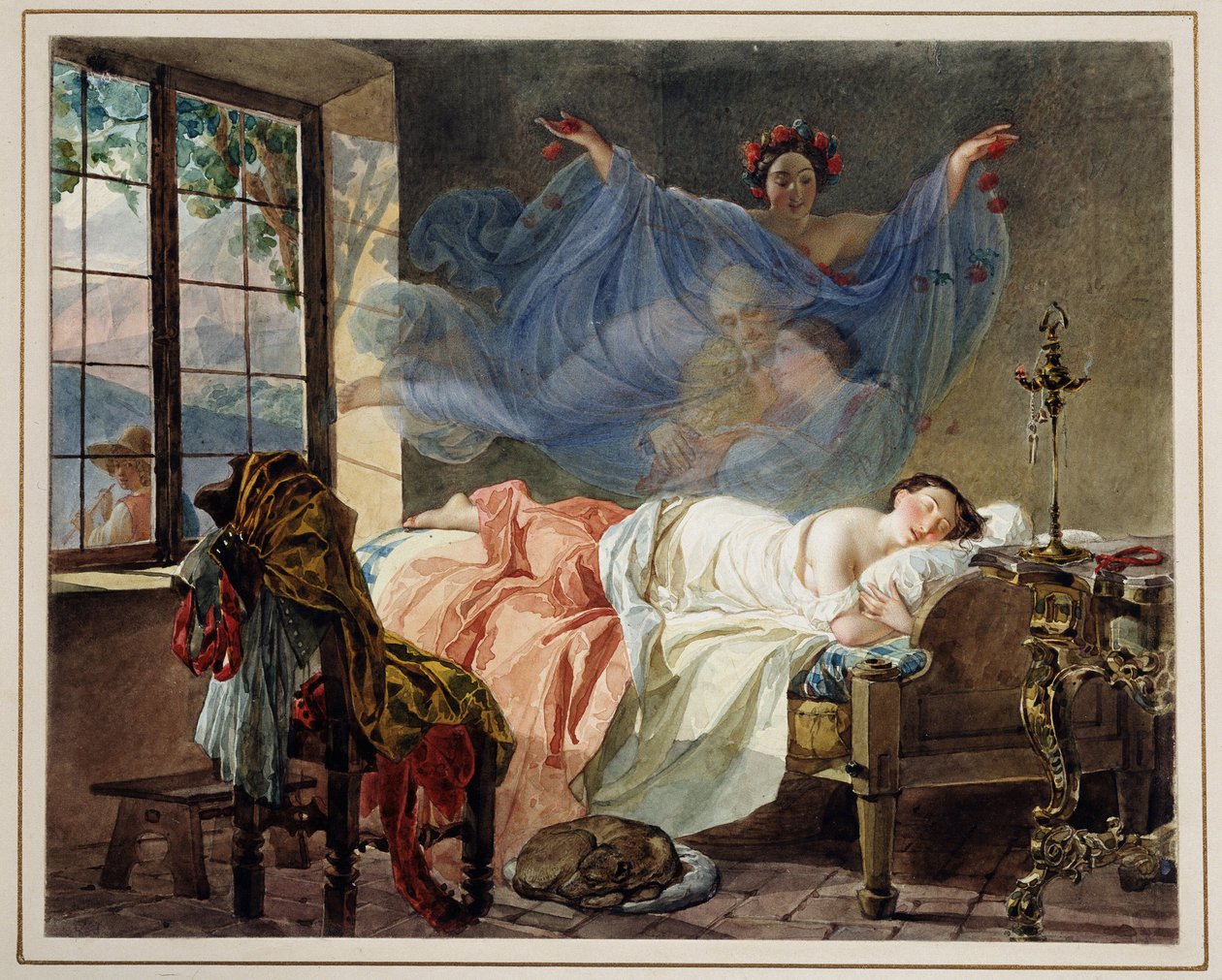 Egy fiatal lány álmai hajnalban - Karl Pavlovich Briullov (Briullov) (1799-1852) munkája - Akvarell kartonra alkotó: Karl Pavlovich Bryullov