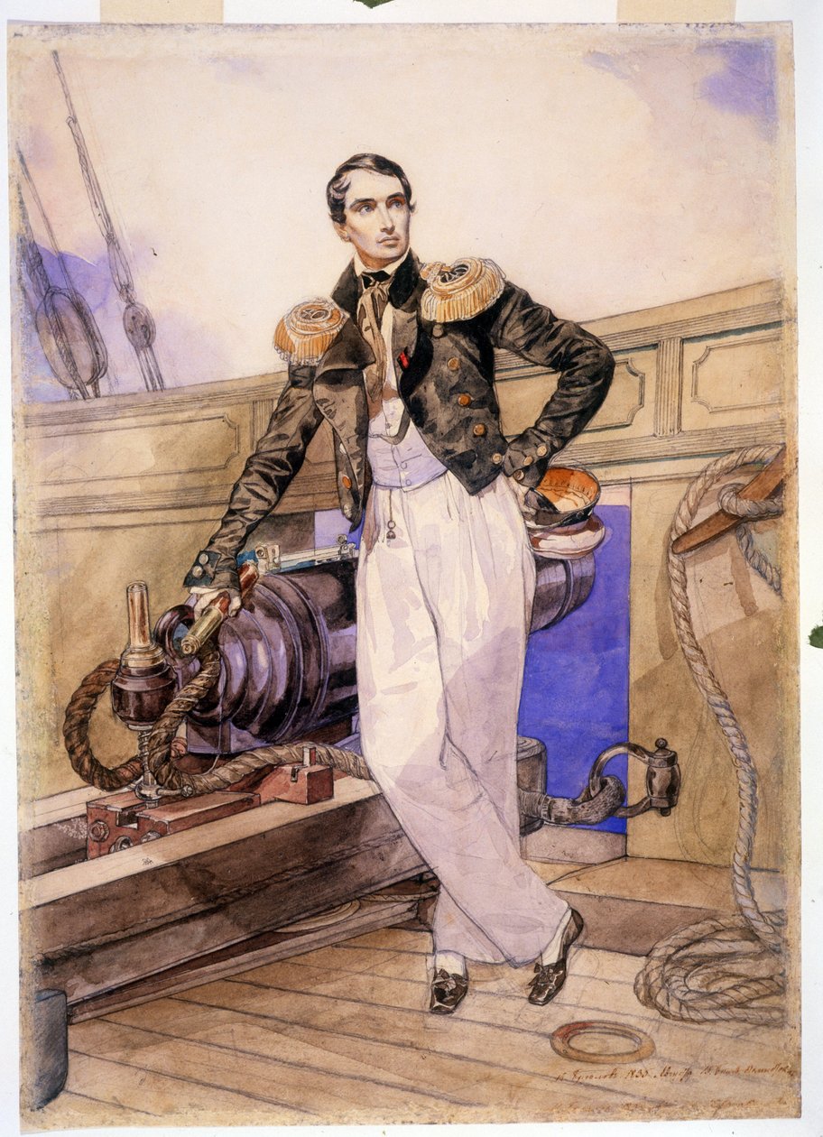 Vlagyimir Alekszejevics Kornyilov 1806-1854) a Themistocle híd fedélzetén. (Vlagyimir Alekszejevics Kornyilov a Themisztoklész dandár fedélzetén). Haditengerészeti tiszt és a Fekete-tengeri Flotta vezérkari főnöke, a krími háború hőse (1853-1856) áll alkotó: Karl Pavlovich Bryullov