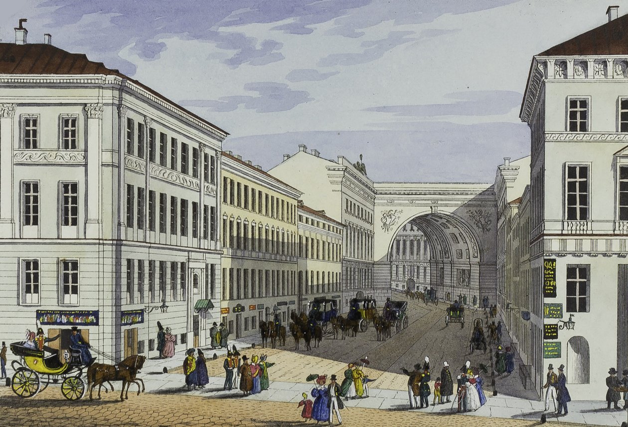 Millionnaya utca és Kotomin ház Szentpéterváron, XIX. század első fele. alkotó: Karl Petrovich Beggrov