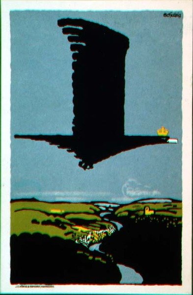 Képeslap a „The Baths and the War” brosúra borítója után, a „Das Plakat” német plakátgyűjteményből alkotó: Karl Schulpig