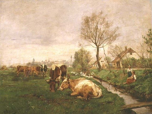 Táj tehenekkel és patakkal alkotó: Karl Stuhlmuller