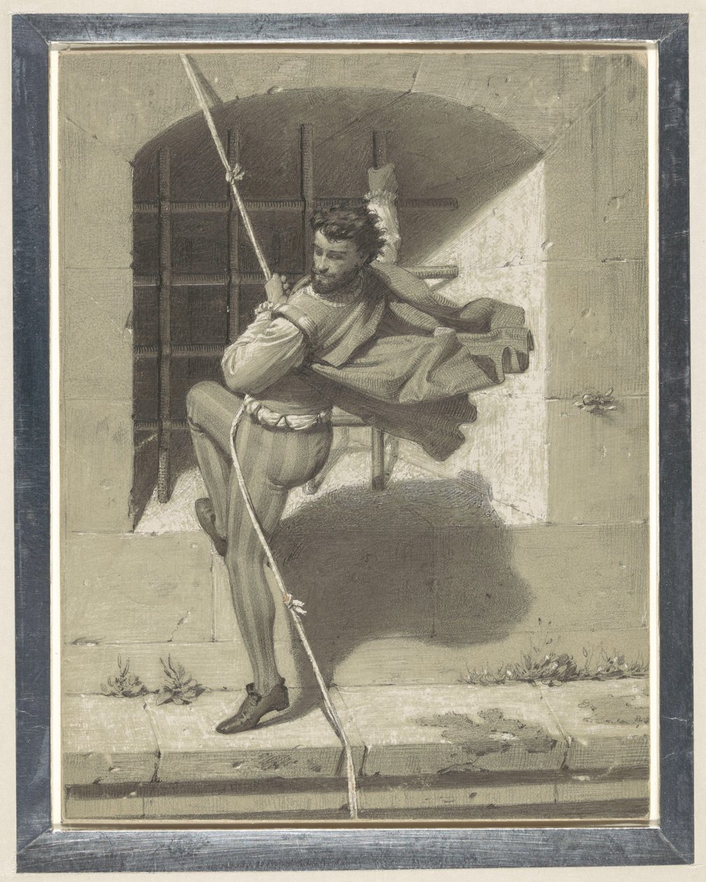 Benvenuto Cellini a római Angyalvárból egy csomózott ruhán menekül alkotó: Karl Theodor Piloty