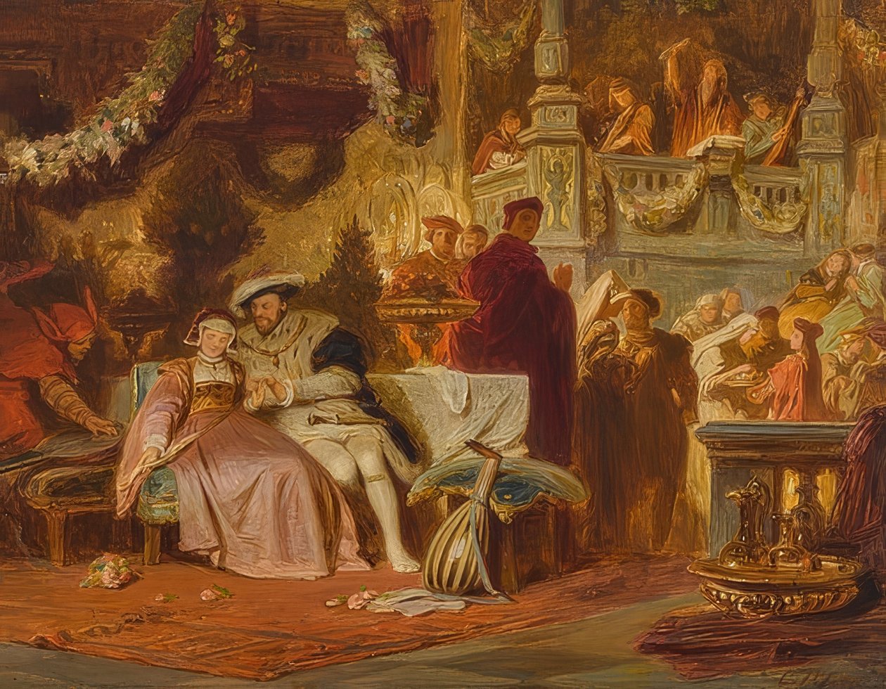 VIII. Henrik meghökkenti Anna Boleynt Wolsey bíboros bálján alkotó: Karl Theodor von Piloty