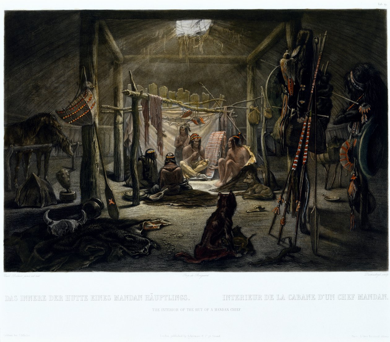 Egy mandánfőnök kunyhójának belseje, vésette: Narcisse Edmond Desmadryl (sz. 1801) 1835 körül (akvatinta metszet) alkotó: Karl after Bodmer